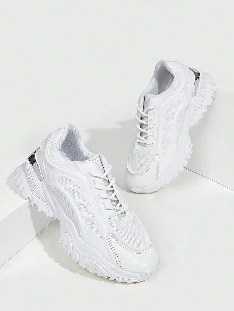 SHEIN X Lucía Bellido Vate Women's Fashionable Sporty Mesh Surface White Lace Up Chunky Sneakers For Summer Sports Casual Back To School Spring Shoes