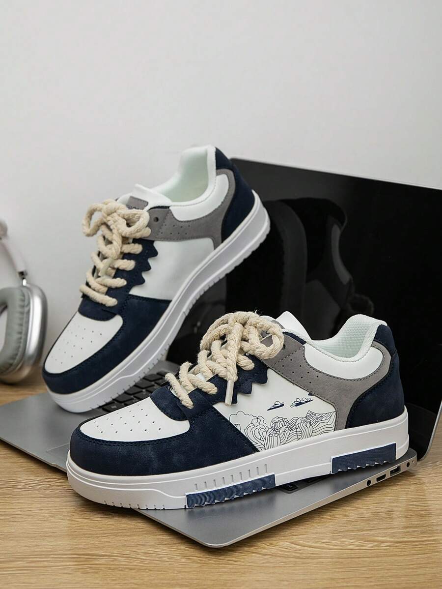 (Runs Small) Men's Fashionable Personalized Contrast Color Design Landscape Tree Branch Print Comfortable Sports Shoes, Versatile Couple Casual Skateboard Shoes