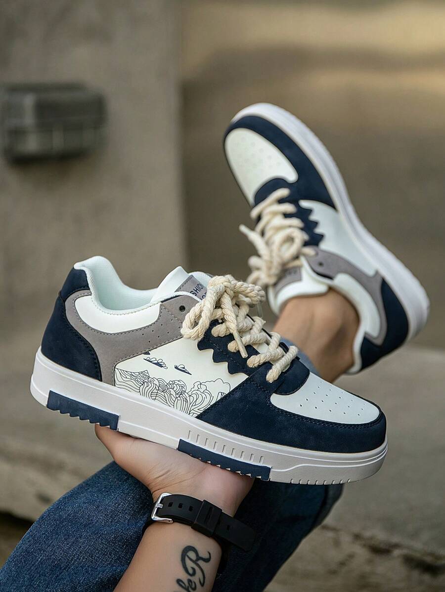 (Runs Small) Men's Fashionable Personalized Contrast Color Design Landscape Tree Branch Print Comfortable Sports Shoes, Versatile Couple Casual Skateboard Shoes