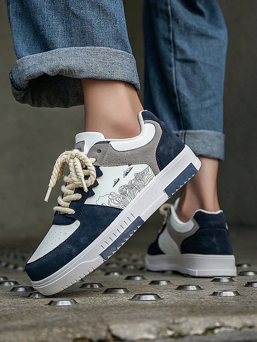 (Runs Small) Men's Fashionable Personalized Contrast Color Design Landscape Tree Branch Print Comfortable Sports Shoes, Versatile Couple Casual Skateboard Shoes