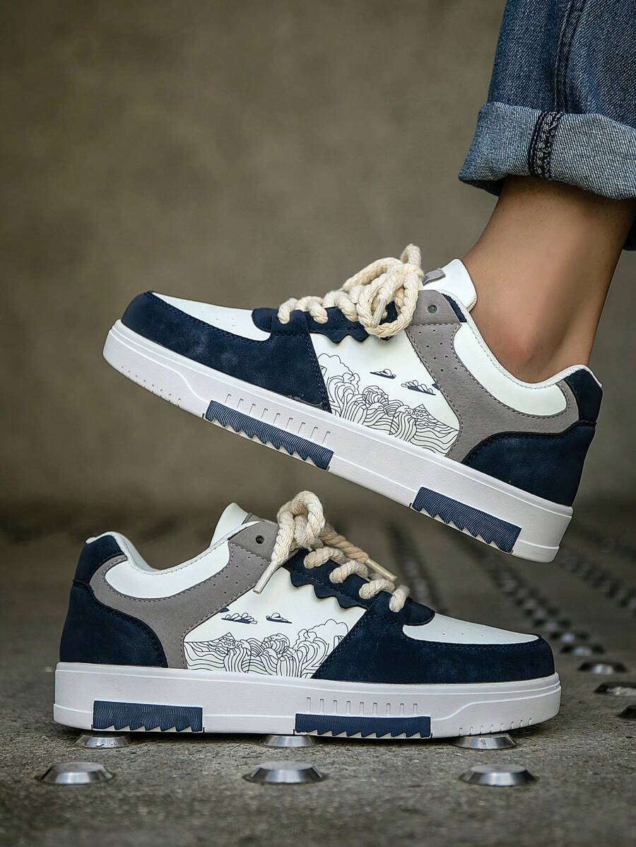 (Runs Small) Men's Fashionable Personalized Contrast Color Design Landscape Tree Branch Print Comfortable Sports Shoes, Versatile Couple Casual Skateboard Shoes