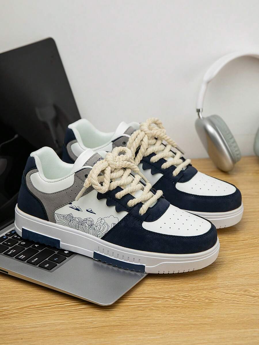 (Runs Small) Men's Fashionable Personalized Contrast Color Design Landscape Tree Branch Print Comfortable Sports Shoes, Versatile Couple Casual Skateboard Shoes