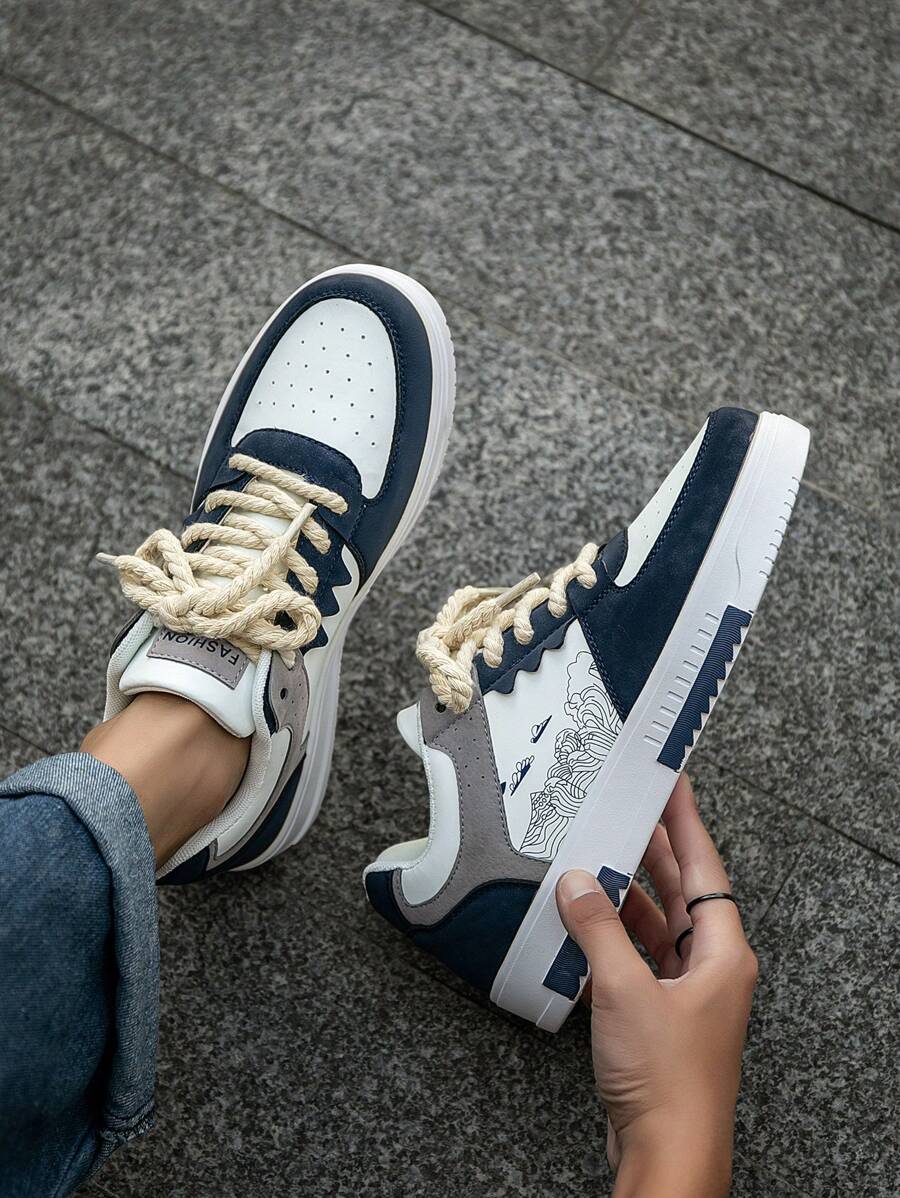 (Runs Small) Men's Fashionable Personalized Contrast Color Design Landscape Tree Branch Print Comfortable Sports Shoes, Versatile Couple Casual Skateboard Shoes