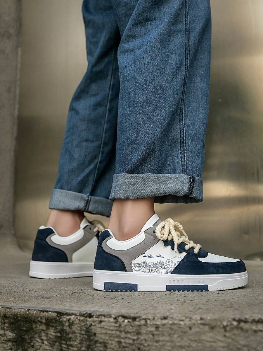 (Runs Small) Men's Fashionable Personalized Contrast Color Design Landscape Tree Branch Print Comfortable Sports Shoes, Versatile Couple Casual Skateboard Shoes