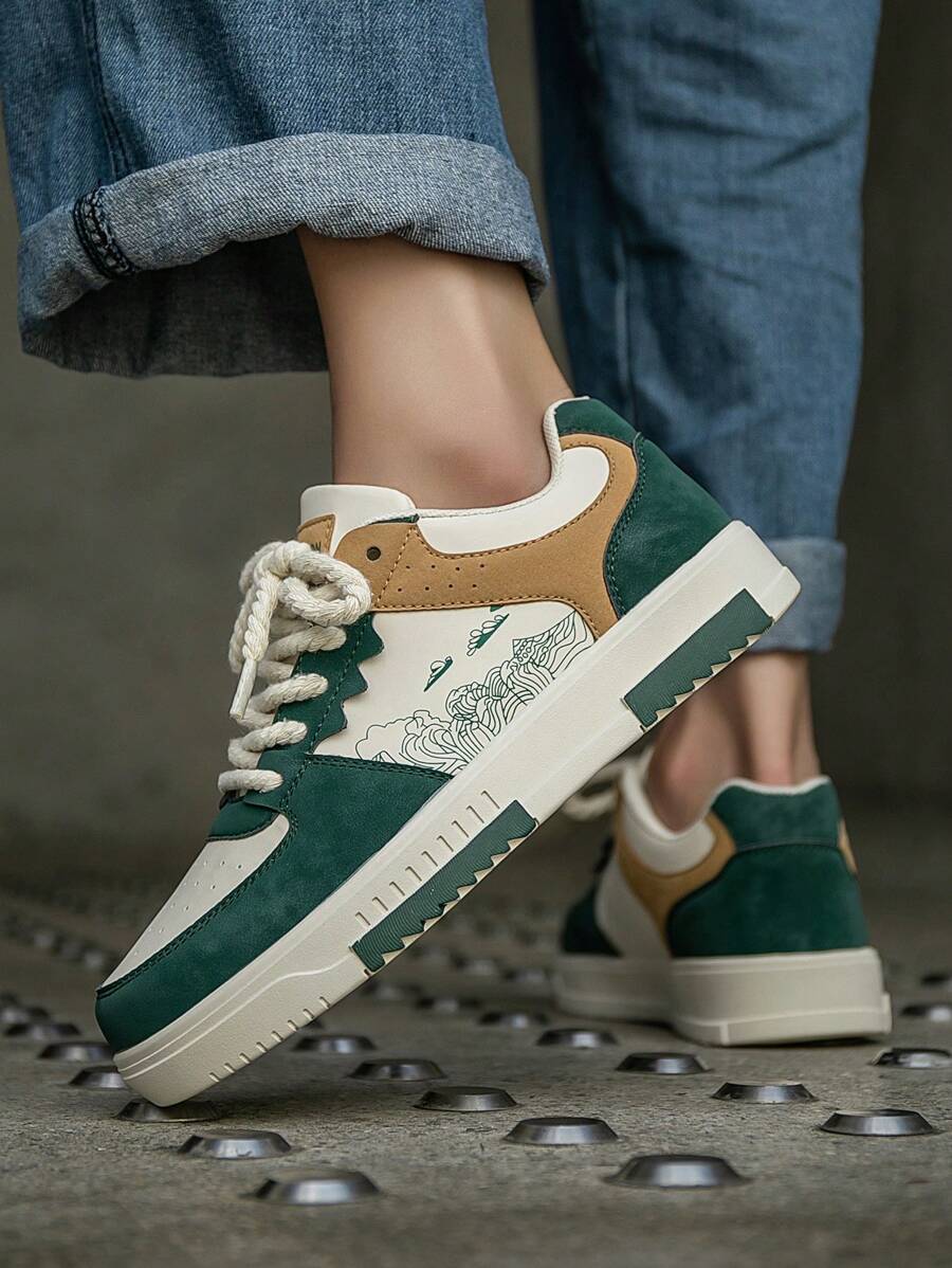 (Runs Small) Men's Fashionable Personalized Contrast Color Design Landscape Tree Branch Print Comfortable Sports Shoes, Versatile Couple Casual Skateboard Shoes