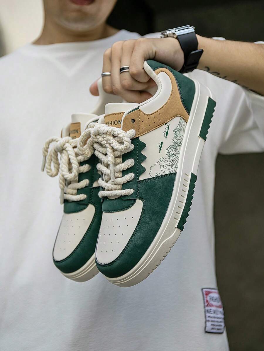 (Runs Small) Men's Fashionable Personalized Contrast Color Design Landscape Tree Branch Print Comfortable Sports Shoes, Versatile Couple Casual Skateboard Shoes