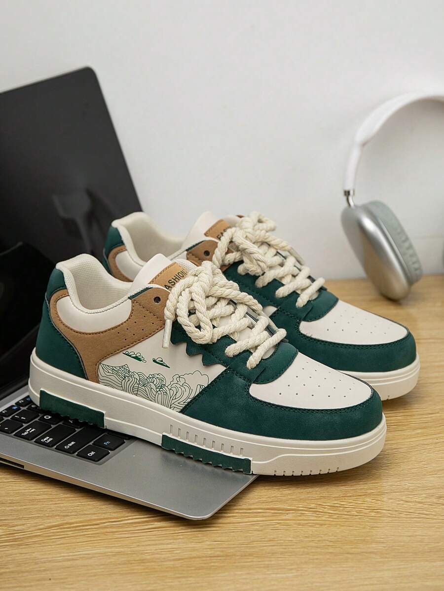 (Runs Small) Men's Fashionable Personalized Contrast Color Design Landscape Tree Branch Print Comfortable Sports Shoes, Versatile Couple Casual Skateboard Shoes