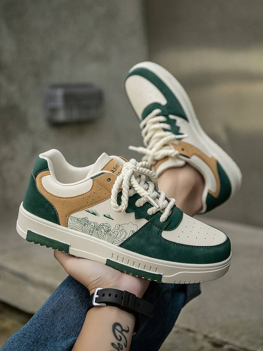 (Runs Small) Men's Fashionable Personalized Contrast Color Design Landscape Tree Branch Print Comfortable Sports Shoes, Versatile Couple Casual Skateboard Shoes