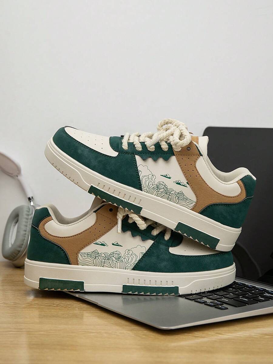 (Runs Small) Men's Fashionable Personalized Contrast Color Design Landscape Tree Branch Print Comfortable Sports Shoes, Versatile Couple Casual Skateboard Shoes