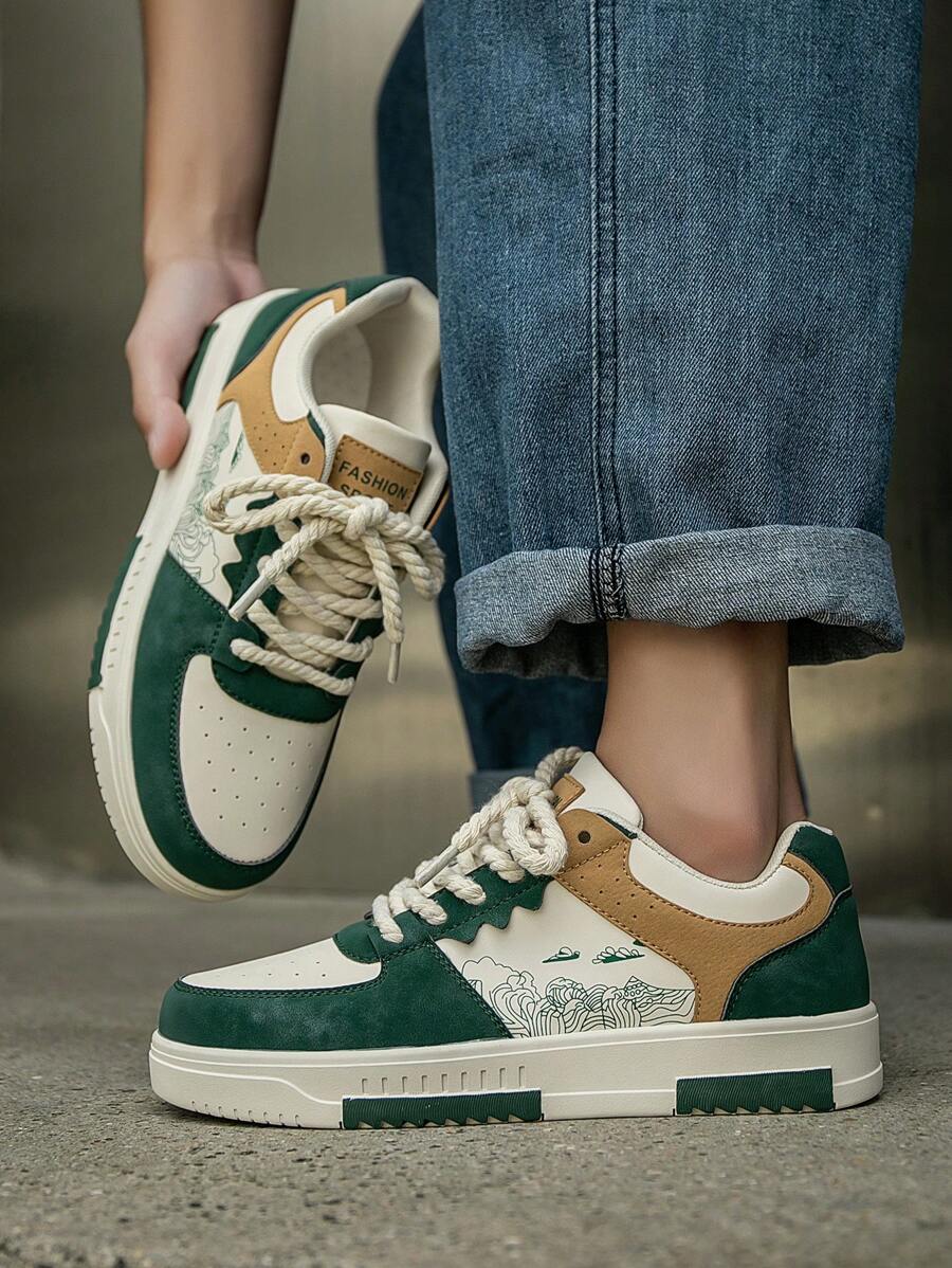 (Runs Small) Men's Fashionable Personalized Contrast Color Design Landscape Tree Branch Print Comfortable Sports Shoes, Versatile Couple Casual Skateboard Shoes