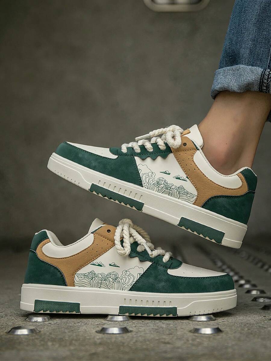 (Runs Small) Men's Fashionable Personalized Contrast Color Design Landscape Tree Branch Print Comfortable Sports Shoes, Versatile Couple Casual Skateboard Shoes