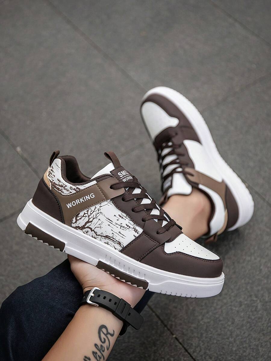 (Runs Small) Men's Fashionable Personalized Contrast Color Design Landscape Tree Branch Print Comfortable Sports Shoes, Versatile Couple Casual Skateboard Shoes