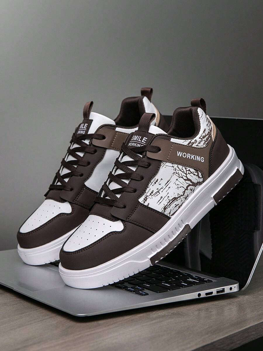 (Runs Small) Men's Fashionable Personalized Contrast Color Design Landscape Tree Branch Print Comfortable Sports Shoes, Versatile Couple Casual Skateboard Shoes