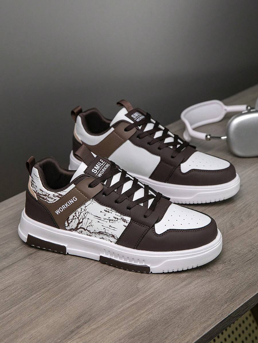 (Runs Small) Men's Fashionable Personalized Contrast Color Design Landscape Tree Branch Print Comfortable Sports Shoes, Versatile Couple Casual Skateboard Shoes