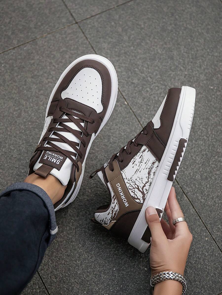 (Runs Small) Men's Fashionable Personalized Contrast Color Design Landscape Tree Branch Print Comfortable Sports Shoes, Versatile Couple Casual Skateboard Shoes