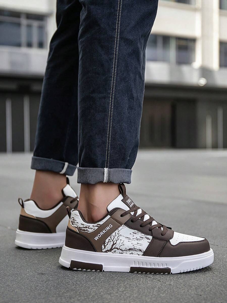 (Runs Small) Men's Fashionable Personalized Contrast Color Design Landscape Tree Branch Print Comfortable Sports Shoes, Versatile Couple Casual Skateboard Shoes