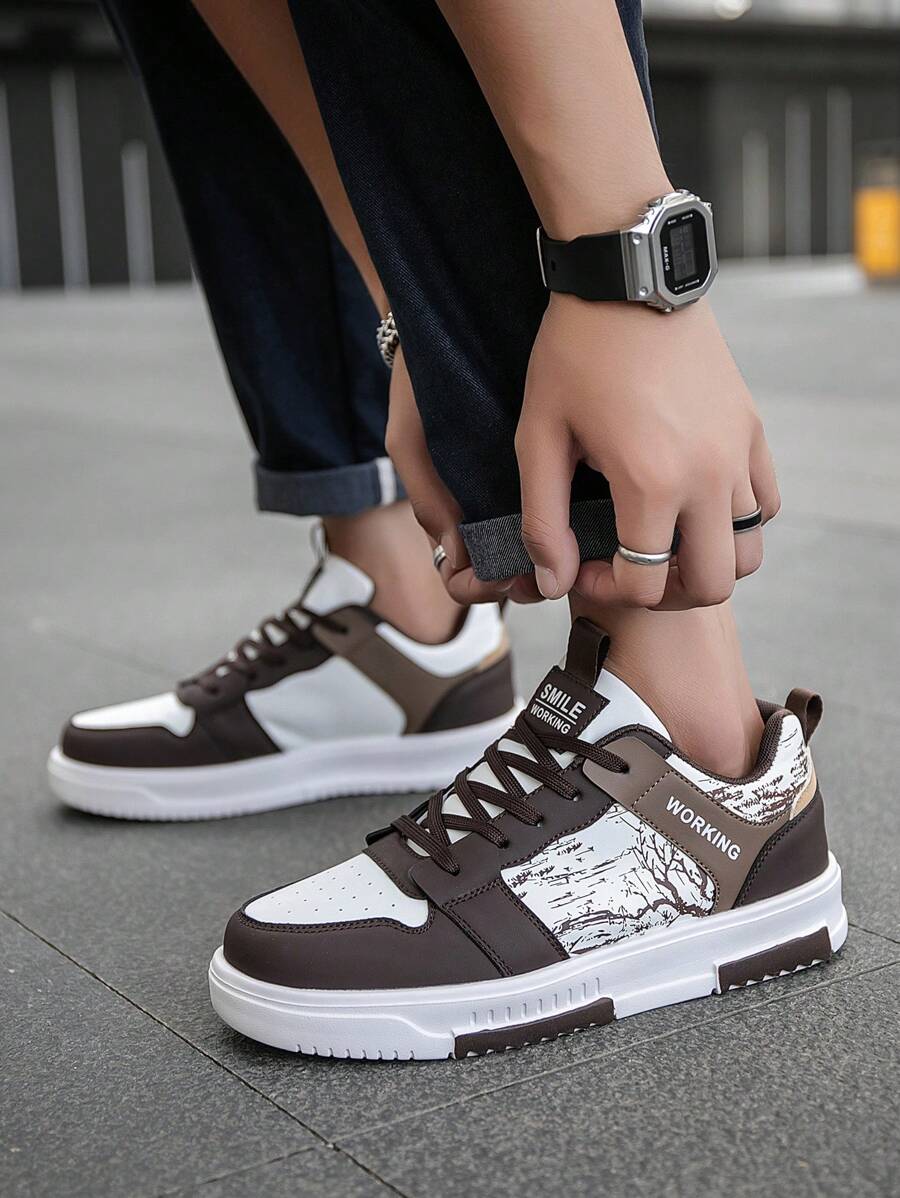 (Runs Small) Men's Fashionable Personalized Contrast Color Design Landscape Tree Branch Print Comfortable Sports Shoes, Versatile Couple Casual Skateboard Shoes