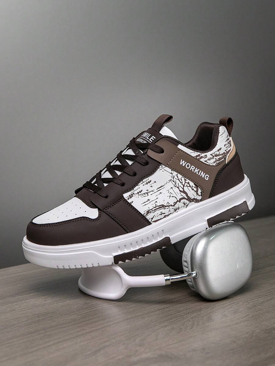 (Runs Small) Men's Fashionable Personalized Contrast Color Design Landscape Tree Branch Print Comfortable Sports Shoes, Versatile Couple Casual Skateboard Shoes