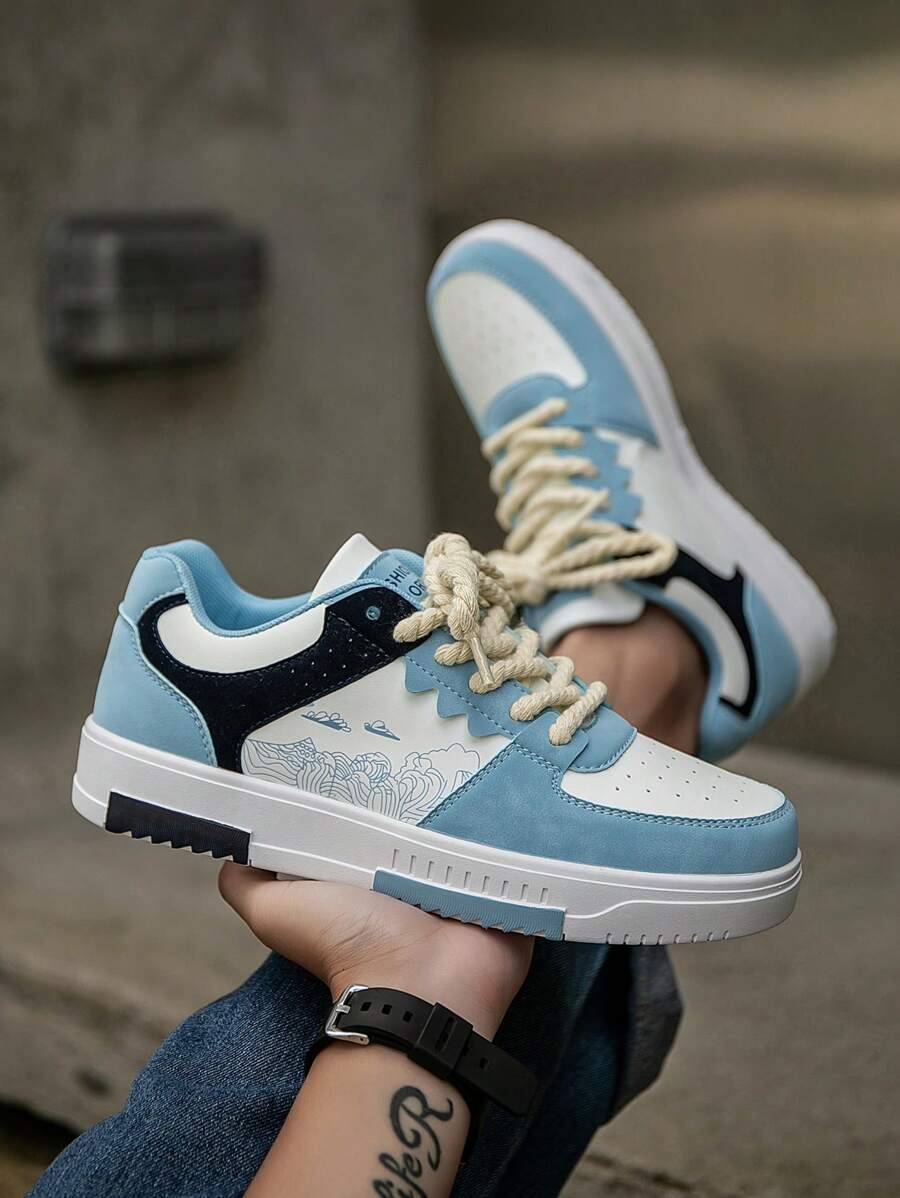(Runs Small) Men's Fashionable Personalized Contrast Color Design Landscape Tree Branch Print Comfortable Sports Shoes, Versatile Couple Casual Skateboard Shoes