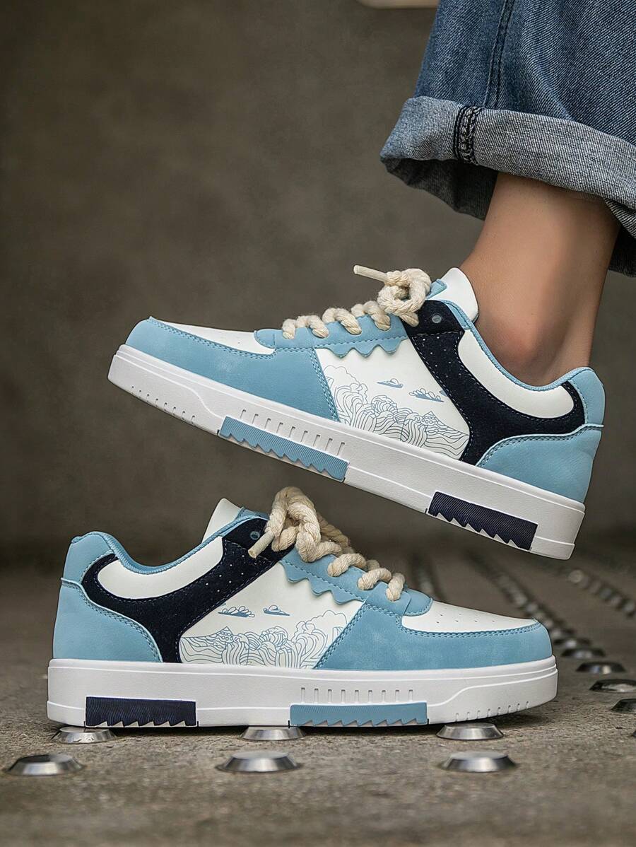 (Runs Small) Men's Fashionable Personalized Contrast Color Design Landscape Tree Branch Print Comfortable Sports Shoes, Versatile Couple Casual Skateboard Shoes