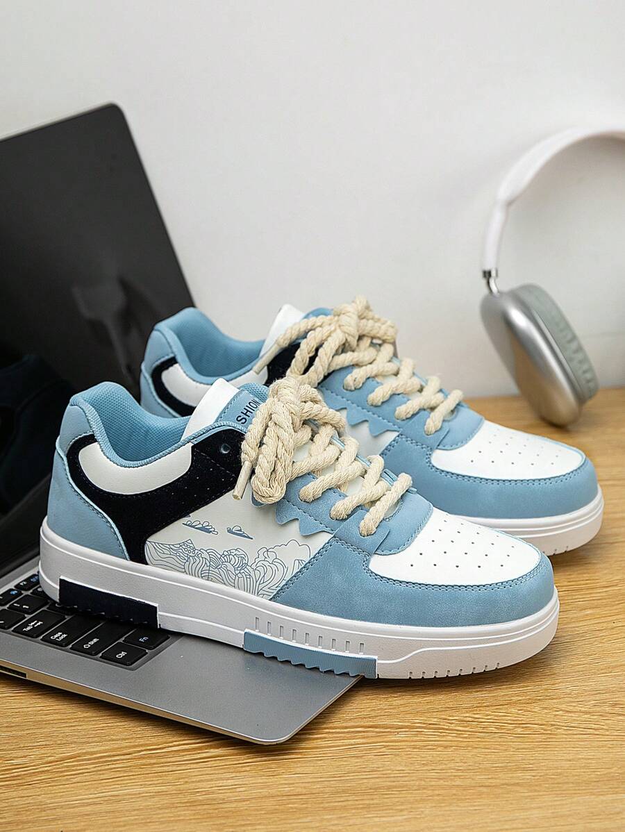 (Runs Small) Men's Fashionable Personalized Contrast Color Design Landscape Tree Branch Print Comfortable Sports Shoes, Versatile Couple Casual Skateboard Shoes
