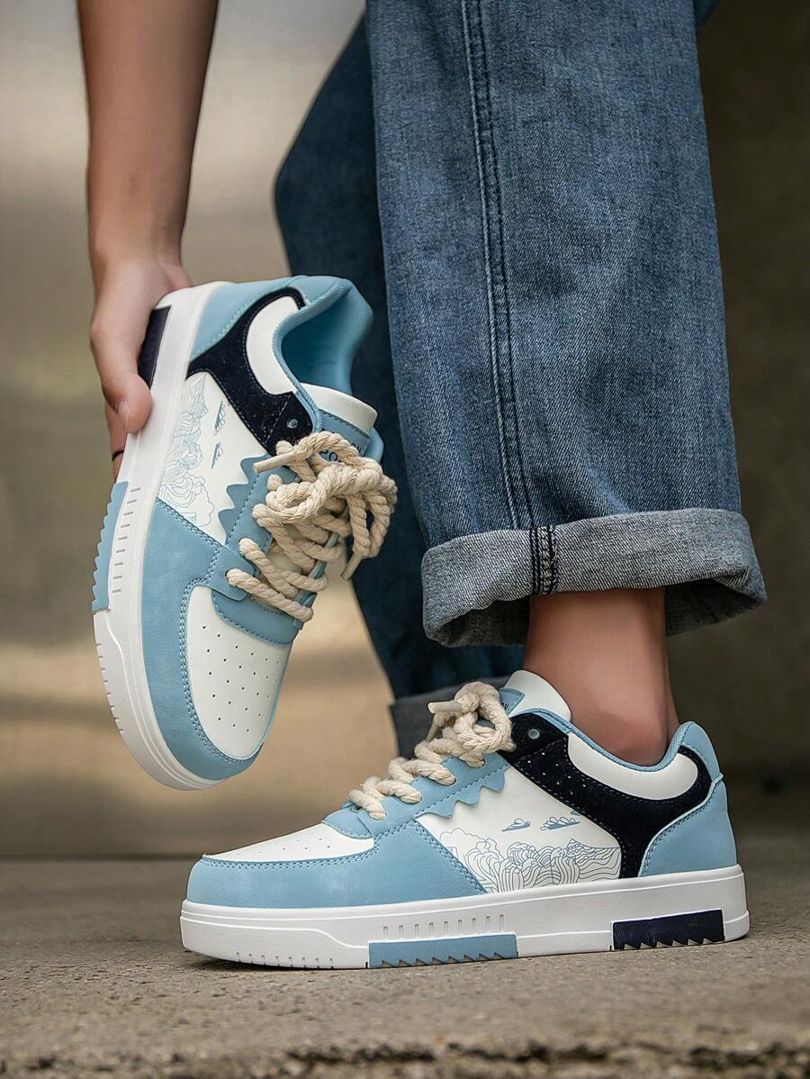 (Runs Small) Men's Fashionable Personalized Contrast Color Design Landscape Tree Branch Print Comfortable Sports Shoes, Versatile Couple Casual Skateboard Shoes