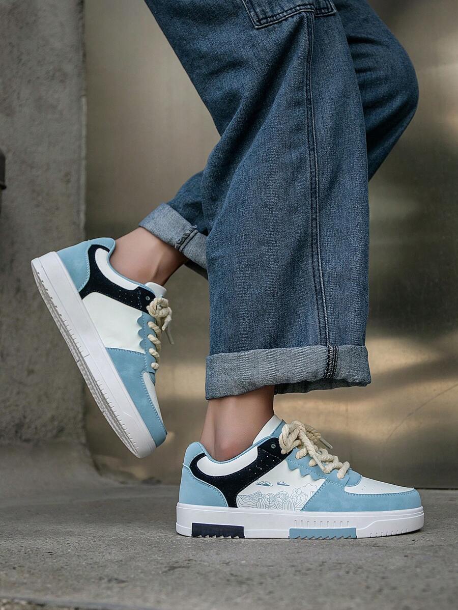 (Runs Small) Men's Fashionable Personalized Contrast Color Design Landscape Tree Branch Print Comfortable Sports Shoes, Versatile Couple Casual Skateboard Shoes
