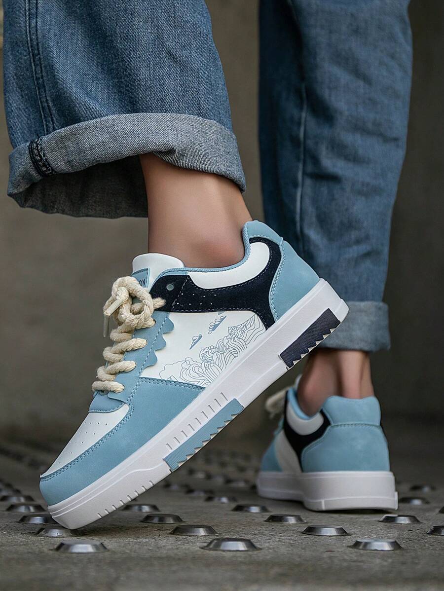 (Runs Small) Men's Fashionable Personalized Contrast Color Design Landscape Tree Branch Print Comfortable Sports Shoes, Versatile Couple Casual Skateboard Shoes