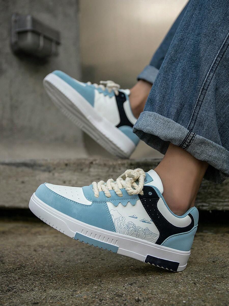 (Runs Small) Men's Fashionable Personalized Contrast Color Design Landscape Tree Branch Print Comfortable Sports Shoes, Versatile Couple Casual Skateboard Shoes