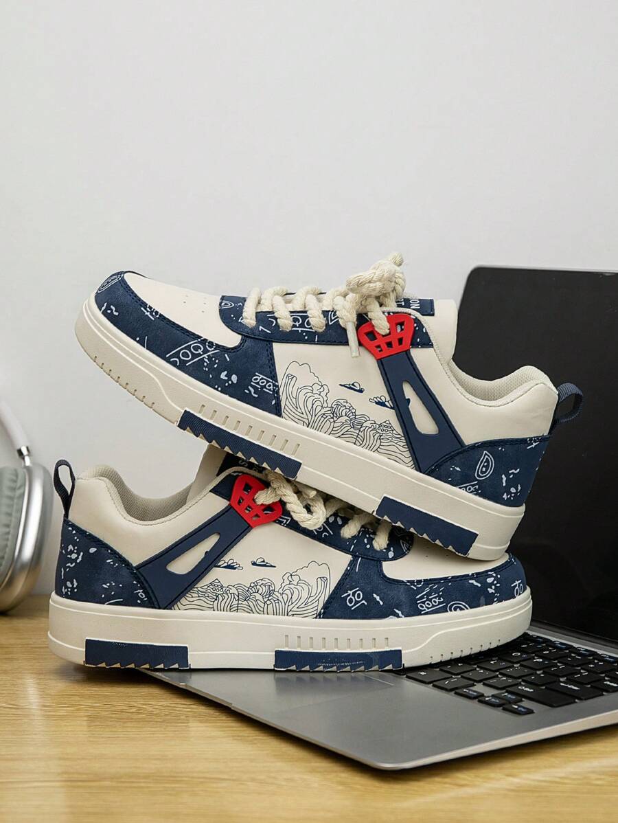 (Runs Small) Men's Fashionable Personalized Contrast Color Design Landscape Tree Branch Print Comfortable Sports Shoes, Versatile Couple Casual Skateboard Shoes