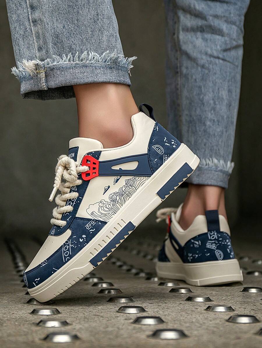 (Runs Small) Men's Fashionable Personalized Contrast Color Design Landscape Tree Branch Print Comfortable Sports Shoes, Versatile Couple Casual Skateboard Shoes