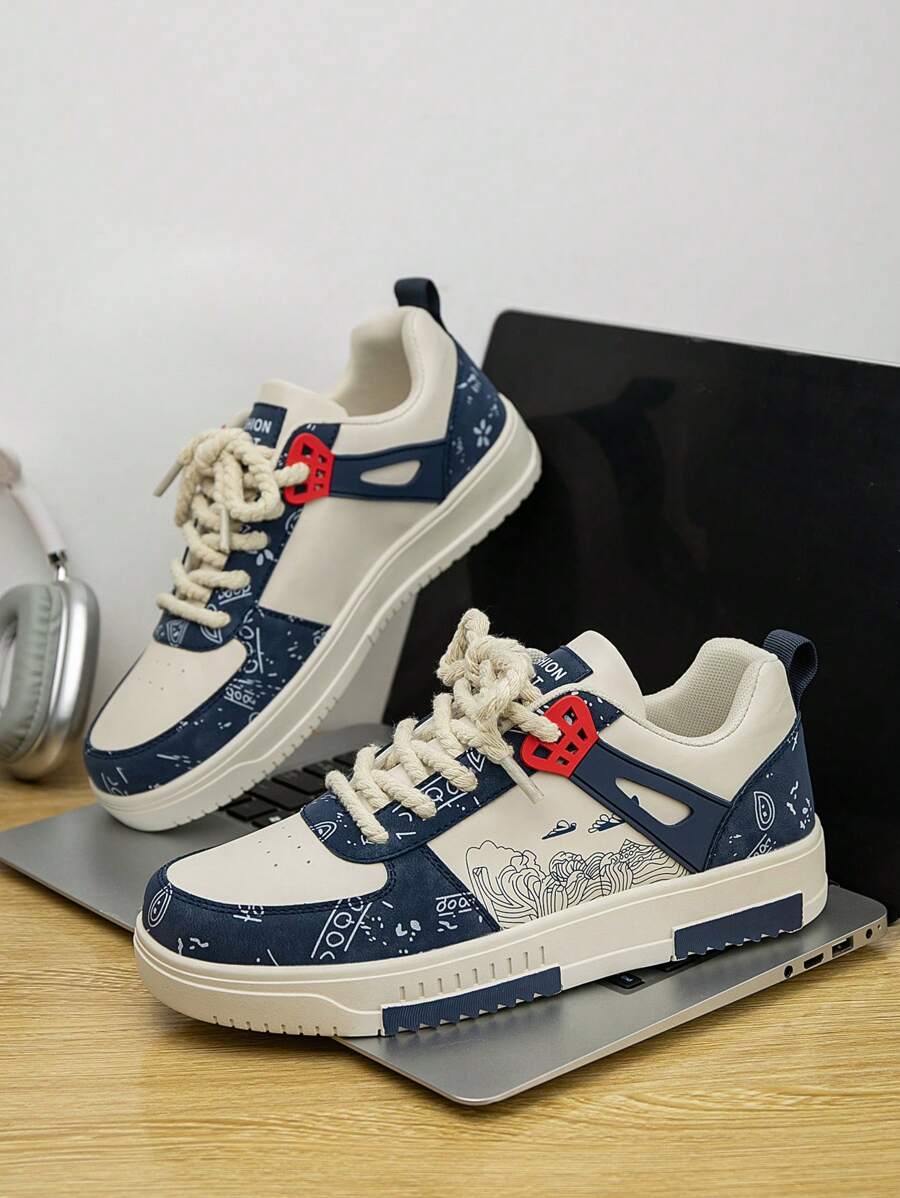 (Runs Small) Men's Fashionable Personalized Contrast Color Design Landscape Tree Branch Print Comfortable Sports Shoes, Versatile Couple Casual Skateboard Shoes