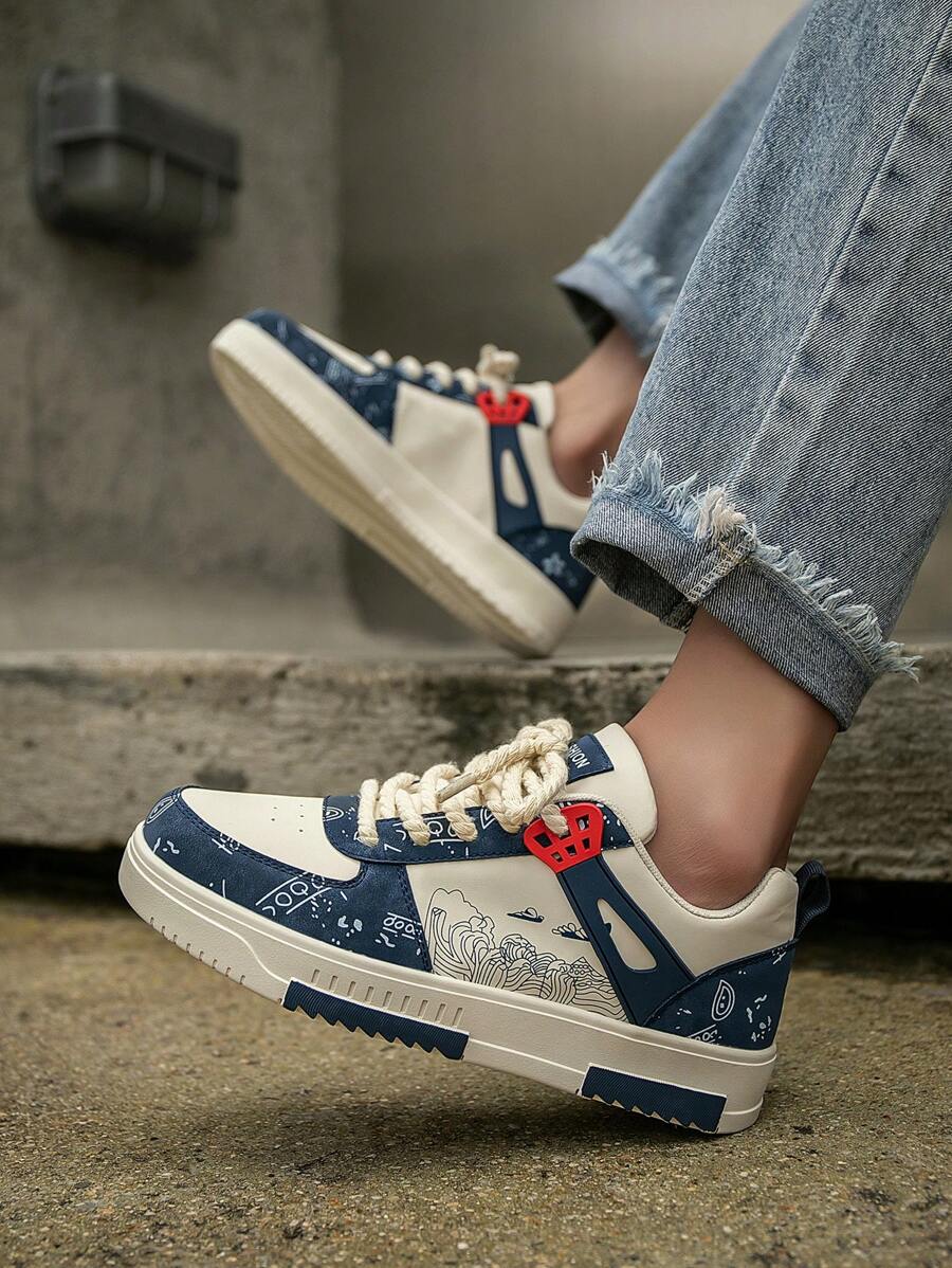 (Runs Small) Men's Fashionable Personalized Contrast Color Design Landscape Tree Branch Print Comfortable Sports Shoes, Versatile Couple Casual Skateboard Shoes