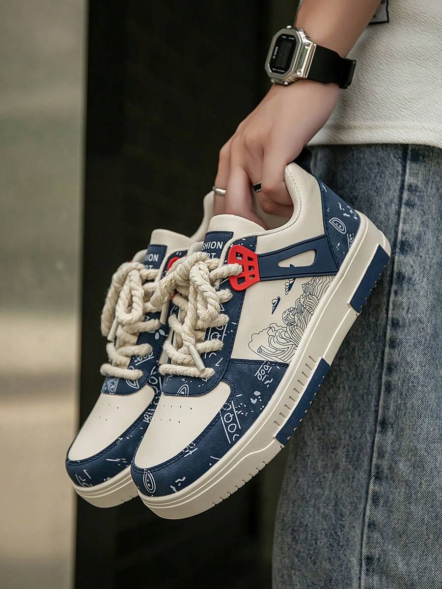 (Runs Small) Men's Fashionable Personalized Contrast Color Design Landscape Tree Branch Print Comfortable Sports Shoes, Versatile Couple Casual Skateboard Shoes