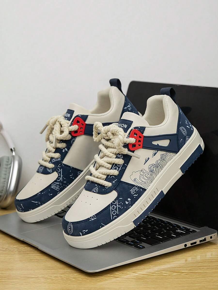 (Runs Small) Men's Fashionable Personalized Contrast Color Design Landscape Tree Branch Print Comfortable Sports Shoes, Versatile Couple Casual Skateboard Shoes