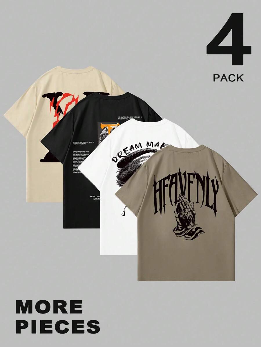 Manfinity LEGND 4pcs/Set Men's Casual Graphic Print T-Shirts,Short Sleeve Crew Neck,Geometric Pattern,Regular Fit,Black,Summer,Casual,Streetwear,City Break Wear