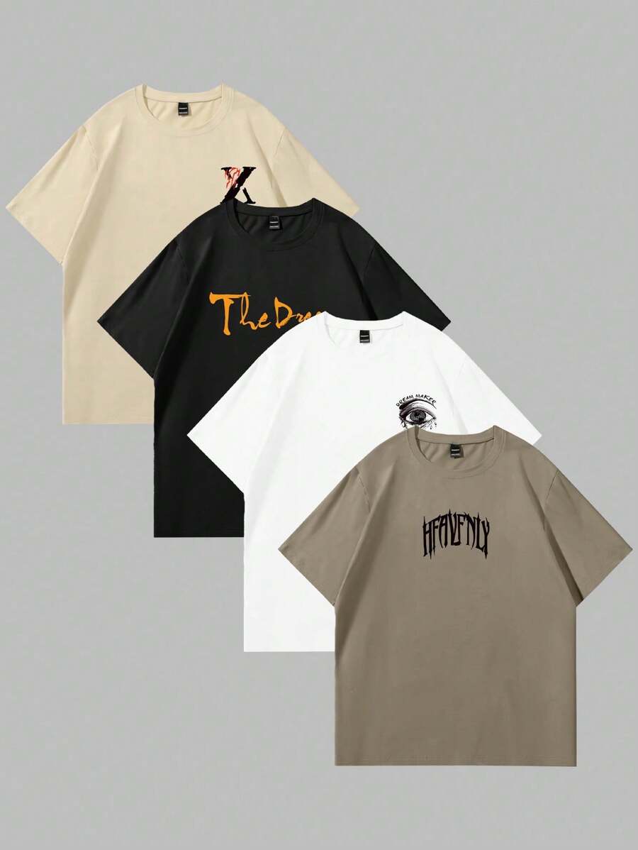 Manfinity LEGND 4pcs/Set Men's Casual Graphic Print T-Shirts,Short Sleeve Crew Neck,Geometric Pattern,Regular Fit,Black,Summer,Casual,Streetwear,City Break Wear