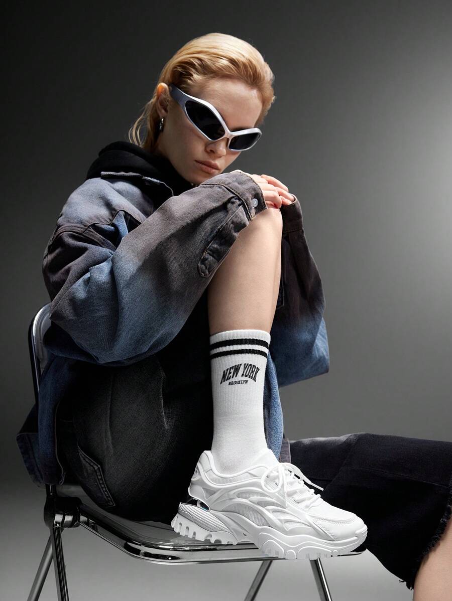 SHEIN X Lucía Bellido Vate Women's Fashionable Sporty Mesh Surface White Lace Up Chunky Sneakers For Summer Sports Casual Back To School Spring Shoes