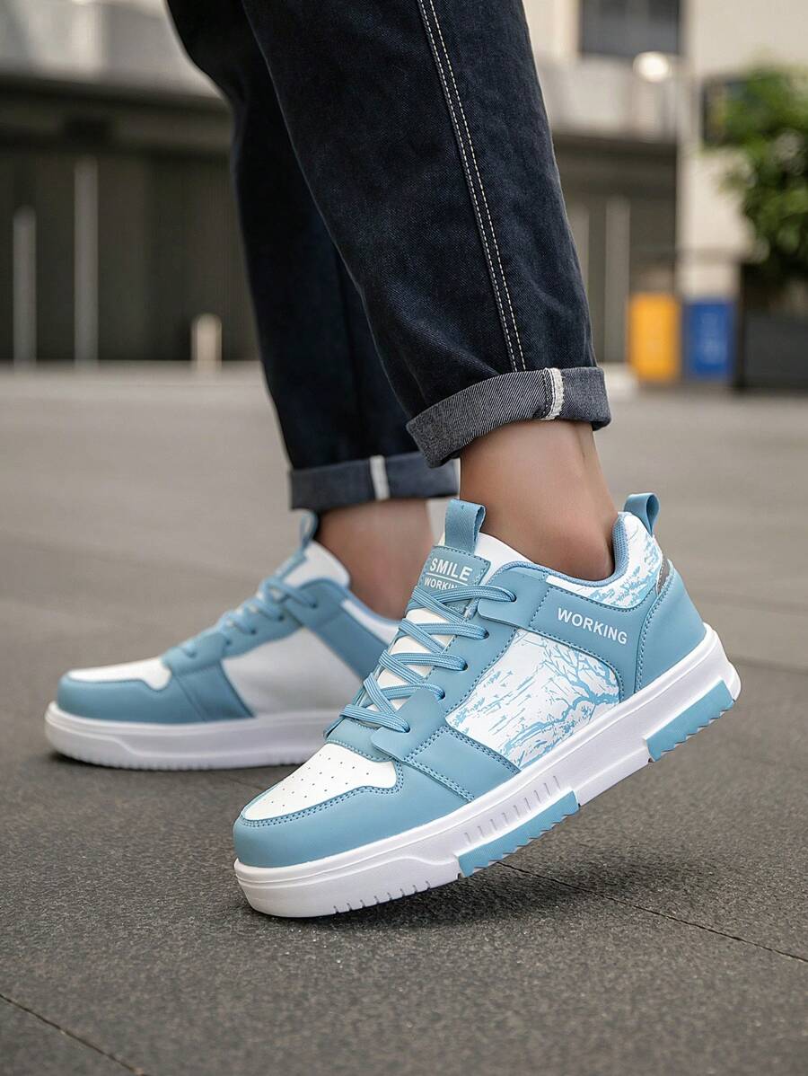 (Runs Small) Men's Fashionable Personalized Contrast Color Design Landscape Tree Branch Print Comfortable Sports Shoes, Versatile Couple Casual Skateboard Shoes