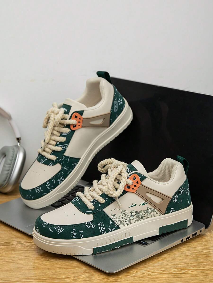 (Runs Small) Men's Fashionable Personalized Contrast Color Design Landscape Tree Branch Print Comfortable Sports Shoes, Versatile Couple Casual Skateboard Shoes