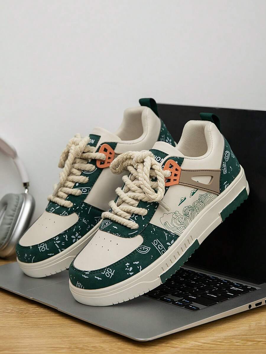 (Runs Small) Men's Fashionable Personalized Contrast Color Design Landscape Tree Branch Print Comfortable Sports Shoes, Versatile Couple Casual Skateboard Shoes