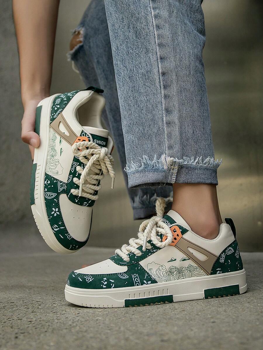(Runs Small) Men's Fashionable Personalized Contrast Color Design Landscape Tree Branch Print Comfortable Sports Shoes, Versatile Couple Casual Skateboard Shoes
