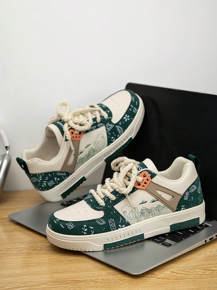 (Runs Small) Men's Fashionable Personalized Contrast Color Design Landscape Tree Branch Print Comfortable Sports Shoes, Versatile Couple Casual Skateboard Shoes