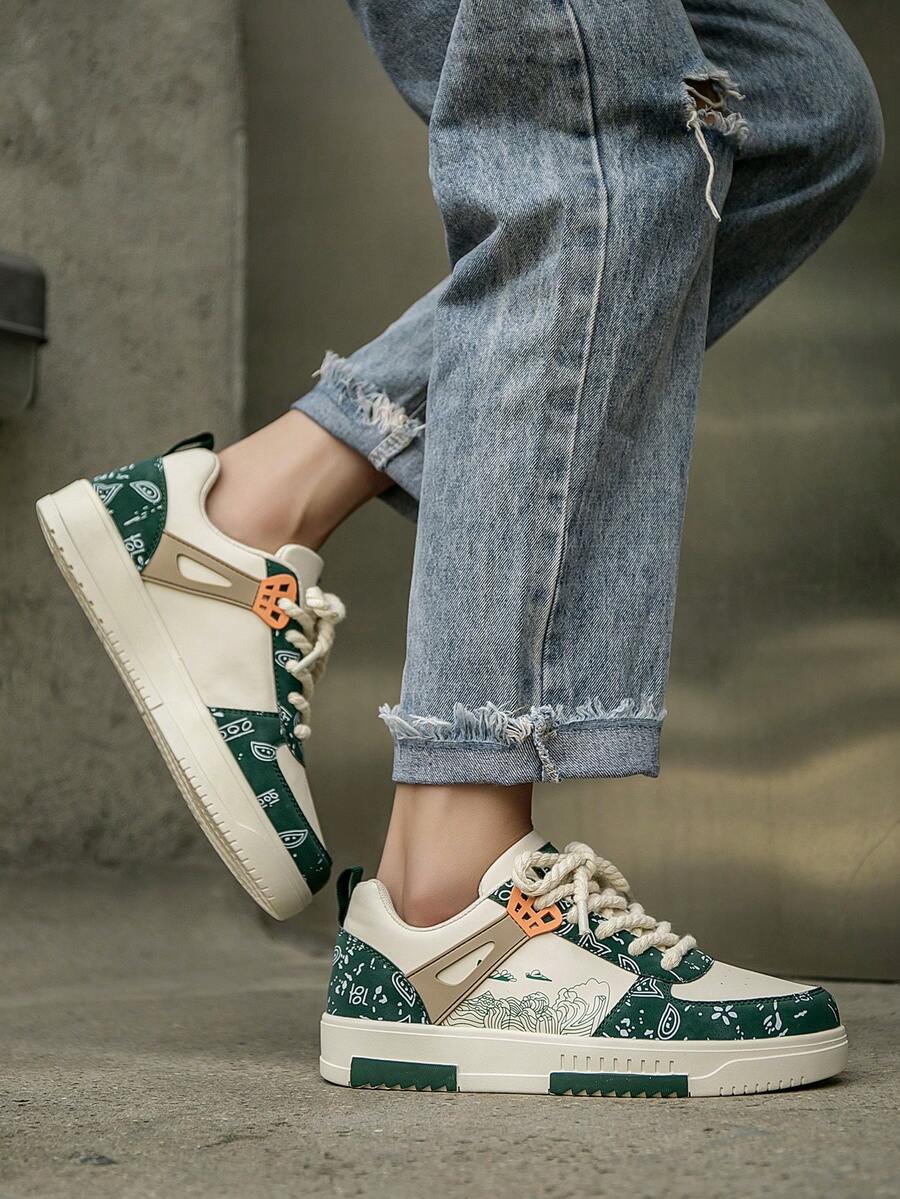 (Runs Small) Men's Fashionable Personalized Contrast Color Design Landscape Tree Branch Print Comfortable Sports Shoes, Versatile Couple Casual Skateboard Shoes