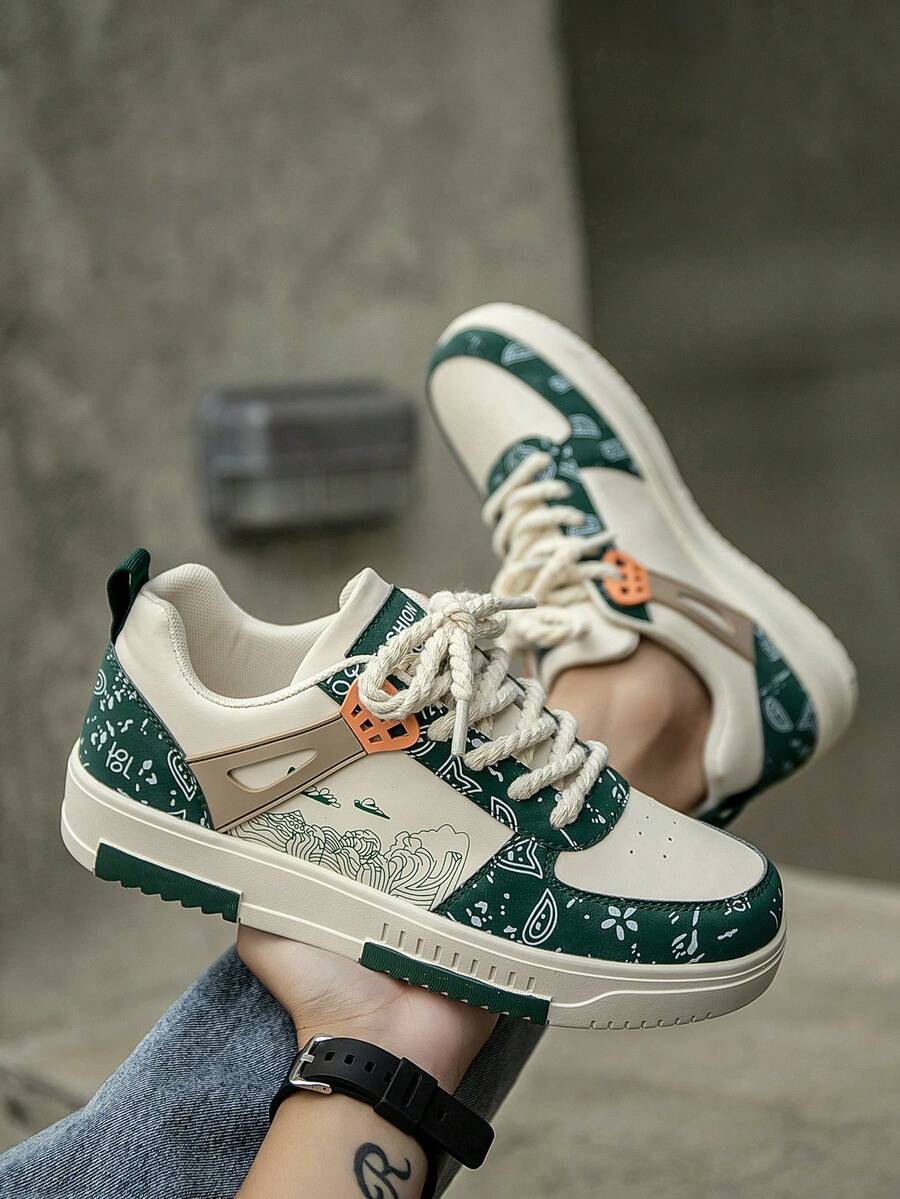 (Runs Small) Men's Fashionable Personalized Contrast Color Design Landscape Tree Branch Print Comfortable Sports Shoes, Versatile Couple Casual Skateboard Shoes