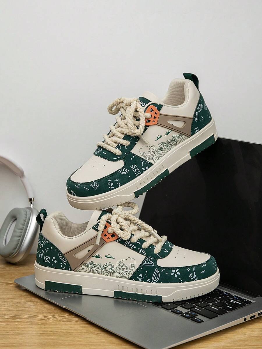 (Runs Small) Men's Fashionable Personalized Contrast Color Design Landscape Tree Branch Print Comfortable Sports Shoes, Versatile Couple Casual Skateboard Shoes