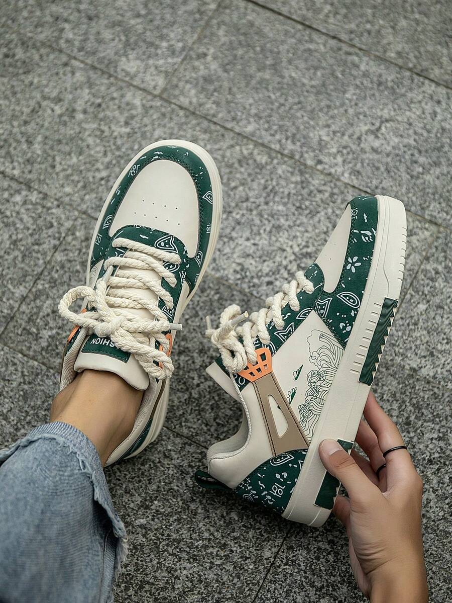 (Runs Small) Men's Fashionable Personalized Contrast Color Design Landscape Tree Branch Print Comfortable Sports Shoes, Versatile Couple Casual Skateboard Shoes