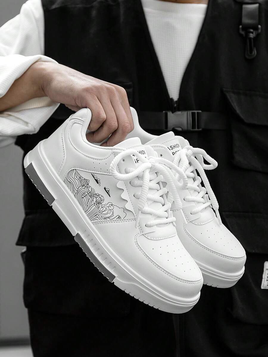 (Runs Small) Men's Fashionable Personalized Contrast Color Design Landscape Tree Branch Print Comfortable Sports Shoes, Versatile Couple Casual Skateboard Shoes