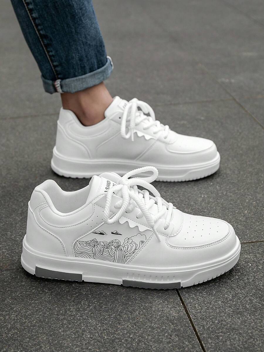 (Runs Small) Men's Fashionable Personalized Contrast Color Design Landscape Tree Branch Print Comfortable Sports Shoes, Versatile Couple Casual Skateboard Shoes