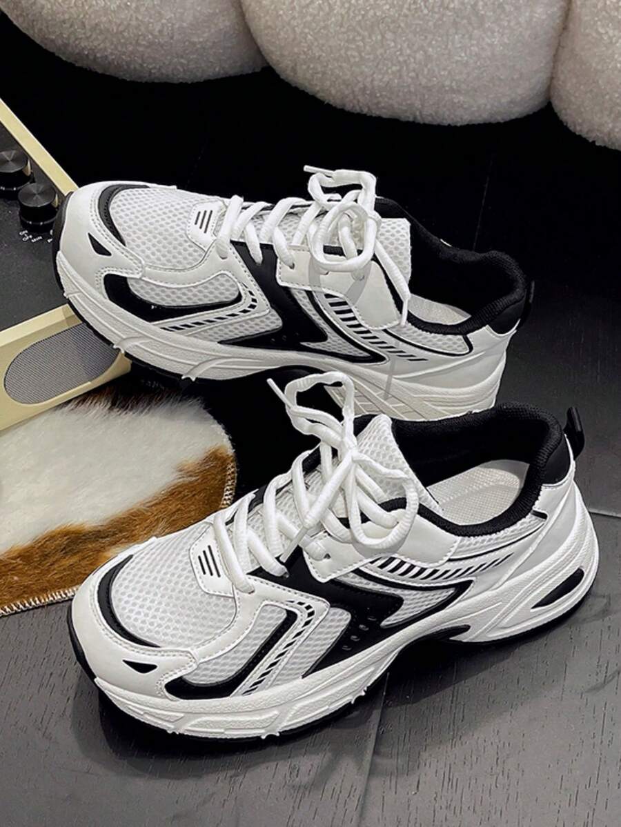 Sodalemon New Women's Casual Sports Shoes Preppy Style Chunky Sneakers Shoes White Sneakers Couple Style Round Toe Lace-Up Mesh Dual-Tone Breathable Versatile Deep Cut Fashion Print Graffiti College Style Student Shoes Outdoor Hiking Casual Shoes Commuter